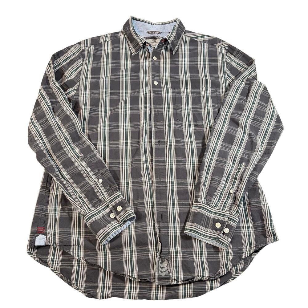 Canterbury of New Zealand mens gray blue white plaid button up.  Size L.  cotton